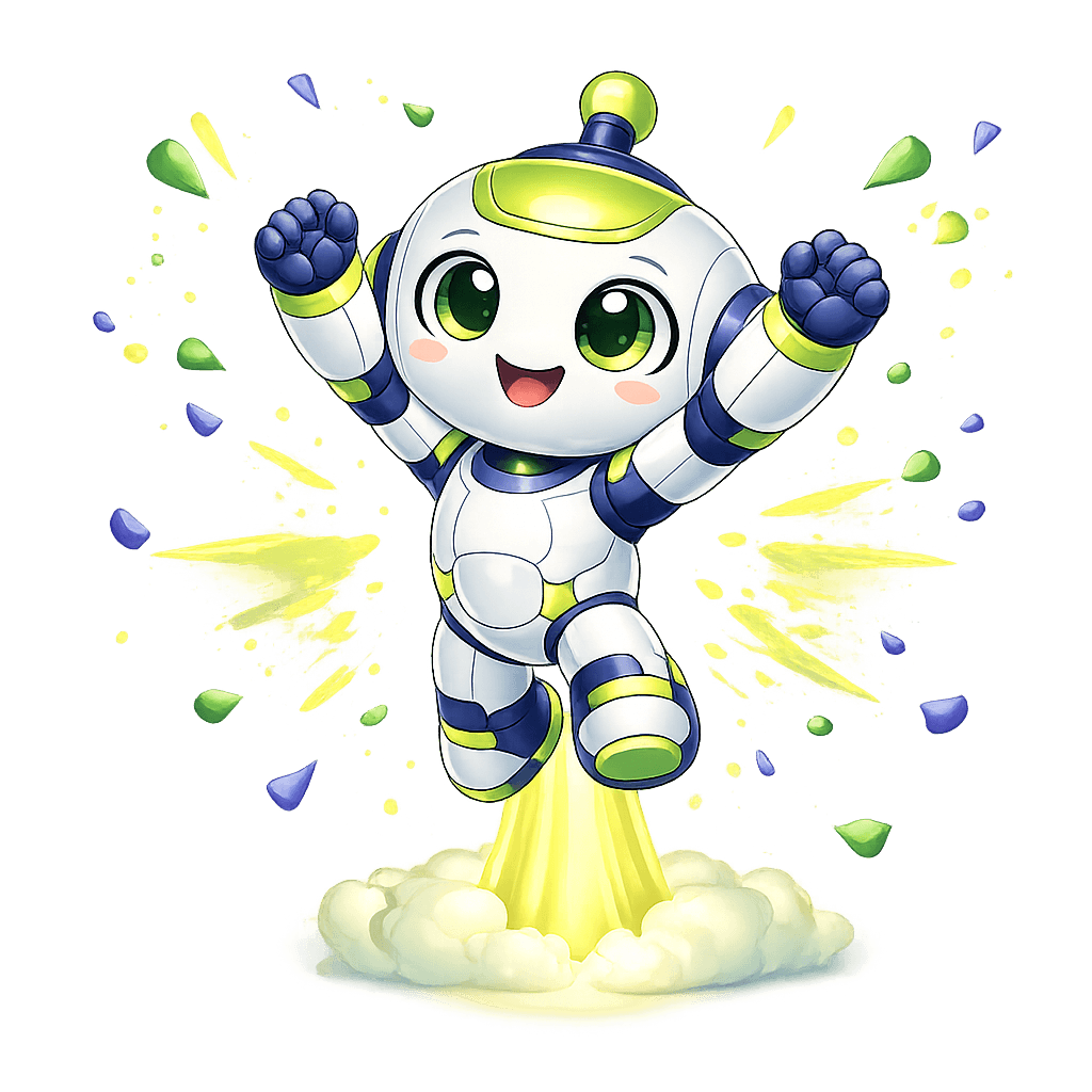 Robot in victory pose with lime rocket trail