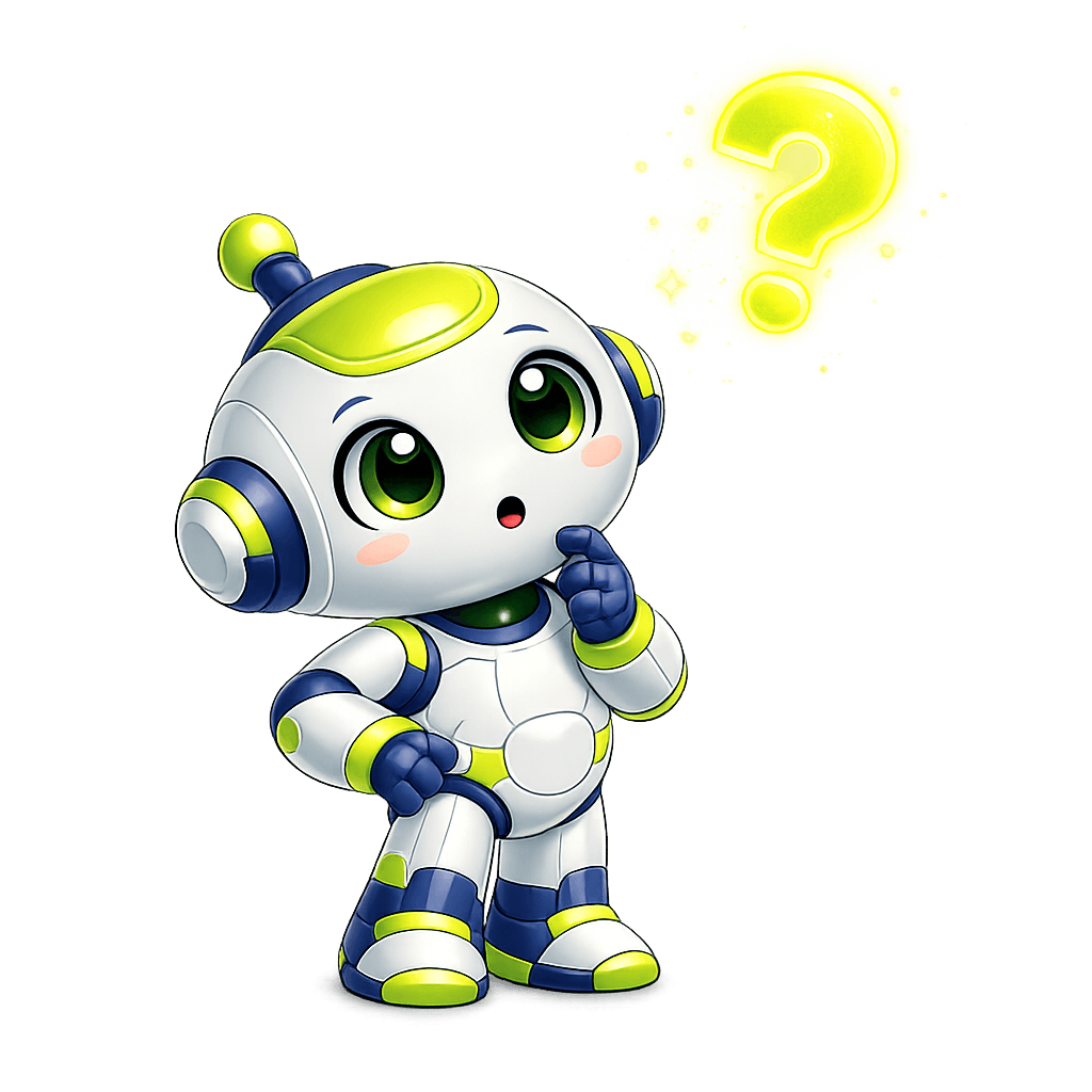 Robot tilting his head curiously with a question mark floating above